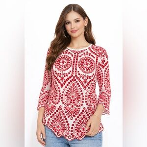 PEARL by LELA ROSE Red White Embroidered Cotton Bell Sleeve Tunic Blouse S